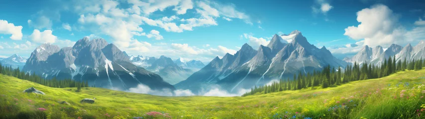 Foto op Aluminium beautiful mountains panorama with clear blue sky over meadow © Helfin