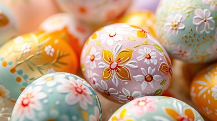 Fototapeta na wymiar Сlose up photograph showcases a variety of decorated eggs with vibrant colors and intricate designs.