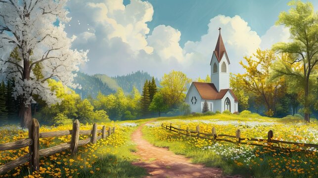 Painting of a Church and a Country Road. A church standing by a country road, showcasing the peaceful scenery.