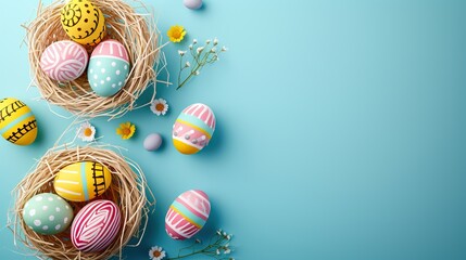 Fototapeta na wymiar Promotional banner for Easter sales and deals. Images of Easter eggs. Colorful Painted Eggs Filling a Basket on a Table. Easter holiday background with easter eggs.