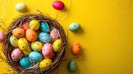 Promotional banner for Easter sales and deals.  Images of Easter eggs. Colorful Painted Eggs Filling a Basket on a Table. Easter holiday background with easter eggs.