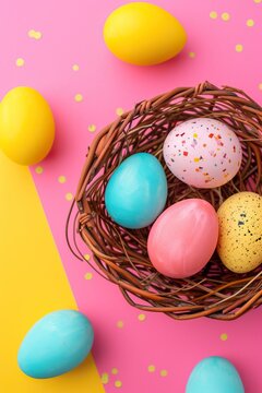 Promotional banner for Easter sales and deals.  Images of Easter eggs. Colorful Painted Eggs Filling a Basket on a Table.