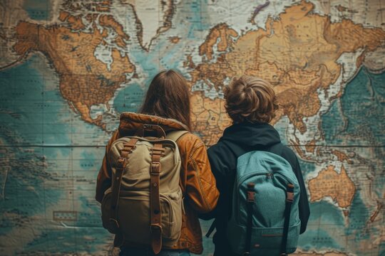 Two travelers with backpacks stand before a large world map and planning travel