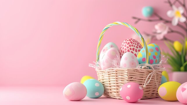 Promotional banner for Easter sales and deals.  Images of Easter eggs. Colorful Painted Eggs Filling a Basket on a Table. Easter holiday background with easter eggs.