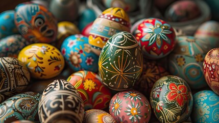 Fototapeta na wymiar The beauty of Easter with this highly detailed image. Explore the intricate handcrafted designs on Easter eggs.