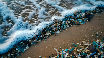 Close up photo of sea waves with microplastics. Pollution problem. High-resolution
