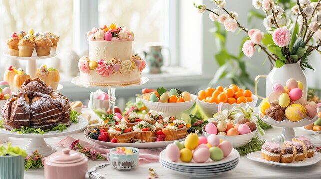 Showcase a delightful Easter feast with a banner featuring a beautifully set table,  and colorful Easter eggs.