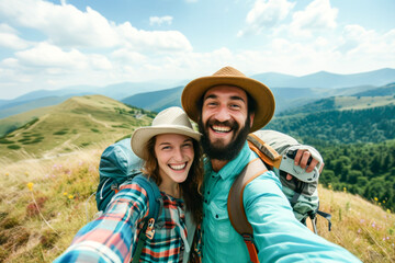 Cheerful couple of hikers taking selfie on top of the mountain