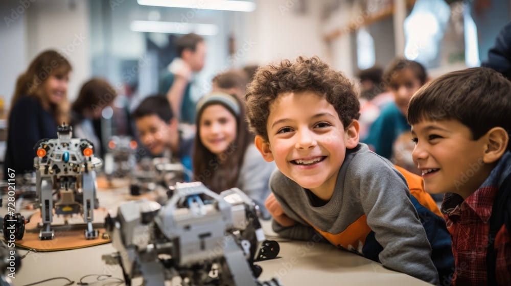 Wall mural children in a robotics class in the classroom