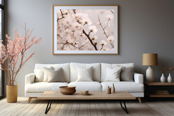 Fototapeta na wymiar Experience the tranquility of a living space adorned with a soft color white sofa and a complementary table, framed against an empty canvas for your text.