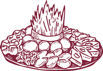Spring Persian celebration of Nowruz with traditional green weeds, sweets, fruits table decoration. Hand drawn retro vintage colorful vector illustration. Old school style drawing.