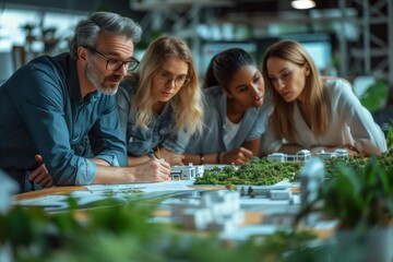 Collaborative Team Evaluating Architectural Model.
A focused group of professionals examining a detailed architectural model in a workshop setting.