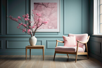 Imagine a scene featuring a beautiful and cute chair in soft colors, accompanied by a wooden table against an empty blank frame. 