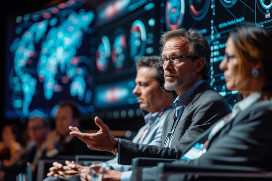 Business Professionals In A High-Tech Conference.
Experienced Professionals Engaged In A Discussion At A Modern Digital Conference With Futuristic Interface.