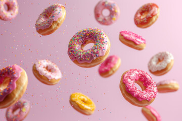 Fototapeta na wymiar Colourful decorated with sprinkles donuts falling on pastel background. Generative AI