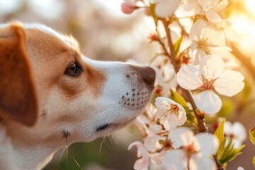 Closeup of a dog sniffing a spring blossom. Dog smelling flower. Generative AI