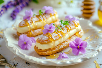 Obraz na płótnie Canvas Eclairs drizzled with honey and garnished with candied violets. Generative AI