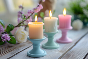 Obraz na płótnie Canvas Candle holders with pastel candles and spring decor. Generative AI