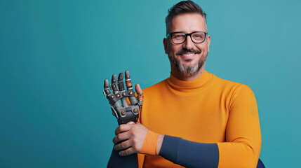 Portrait of happy man with prosthetic hand isolated on color background - obrazy, fototapety, plakaty