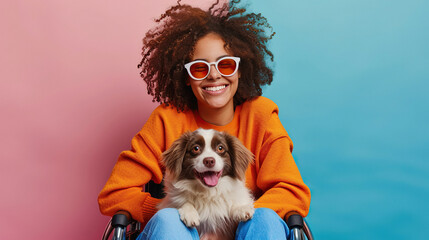 A happy person in wheelchair with friendly dog isolated on color background