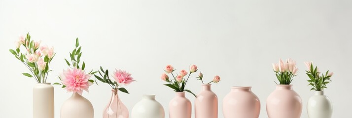 Soft home decor for interior. Light background with flower vases