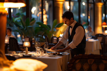 Meticulous Waiter Perfecting Table Layout in Ambient Restaurant