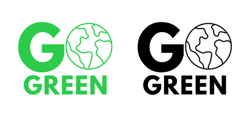 Go Green Text with Earth, sustainable development concept, green colour and black colour icons