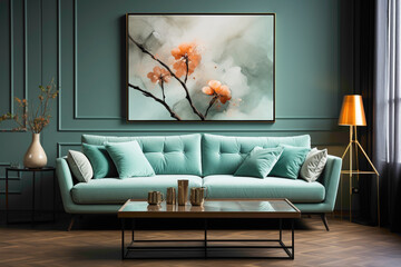 Step into a space of tranquility with a mint-colored sofa and a suitable table, framed by an empty canvas ready for your unique expression.