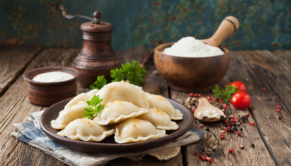 Delicious homemade pierogi. Polish traditional food. Piegories, dumplings, fresh dumplings