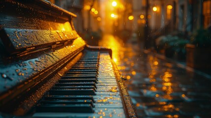 Grand Piano caught in the rain on the side of the road in the evening. Spirit of National Music Day.