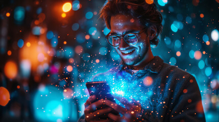 Exciting Digital World Through Smartphone.
Person engaging with a smartphone, with a display of dazzling digital particles emanating from the screen.