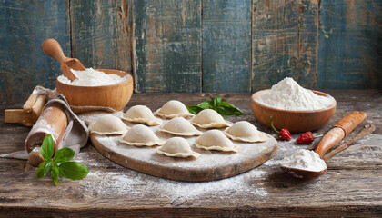 Delicious homemade pierogi. Polish traditional food. Piegories, dumplings, fresh dumplings - obrazy, fototapety, plakaty