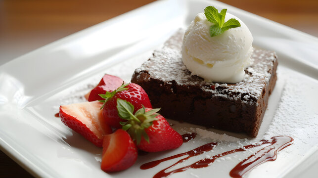 Chocolate Souffle with ice cream and strawberries on white plate