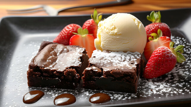 Chocolate lava cake with ice cream and strawberries on plate, closeup