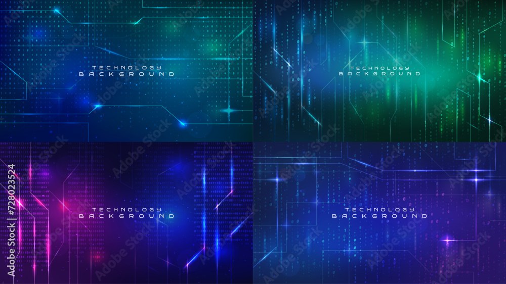 Wall mural Vector illustration. Software programming concept. Glowing numbers and dots. Backgrounds set. Binary code. Technological style. Design element for website template, web banner, advertising wallpaper - Wall murals