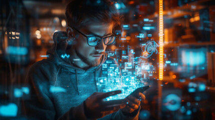 Young Man Engaging with Futuristic Holographic Display
Tech-savvy male using holographic controls in a neon-lit environment.