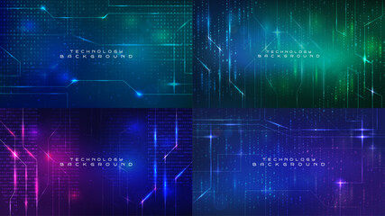 Vector illustration. Software programming concept. Glowing numbers and dots. Backgrounds set. Binary code. Technological style. Design element for website template, web banner, advertising wallpaper