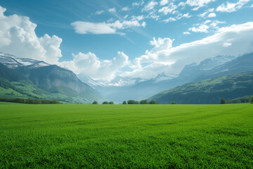 Fototapeta premium Green field and mountains in Switzerland.AI generated