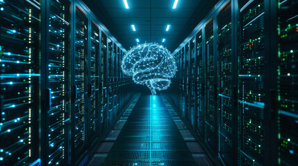 Neural Network Hologram in Server Room.
Holographic brain structure in the centre of a data server corridor. - obrazy, fototapety, plakaty
