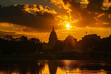 Fototapeta na wymiar The US Capitol building illuminated by the warm hues of sunset in the heart of Washington DC