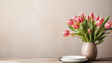 Spring Tulips and Tableware on Wooden Surface