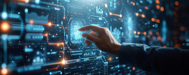 Interacting with Advanced Data Interface.
Close-up of a hand touching an advanced digital data interface with glowing blue light.
