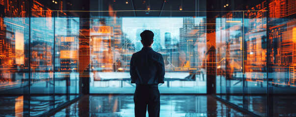 Businessman Contemplating City Through Glass Panels.
Silhouette of a man in business attire standing before a panoramic window overlooking the city skyline at dusk.