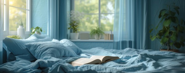 Tranquil Bedroom Scene with Book on Blue Bedding.
Serene bedroom scene with a book on rumpled blue bedding and natural light.