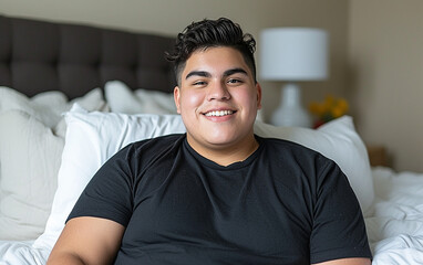 Multiracial Man Sitting on Bed, Smiling for the Camera