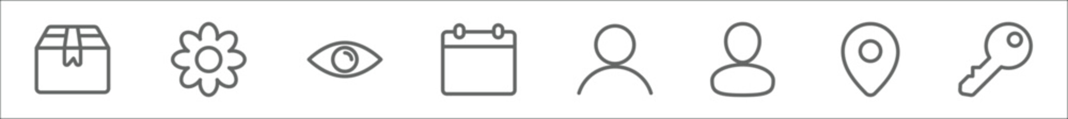outline set of ui line icons. linear vector icons such as box, flower, eye, calendar, user, user, , key