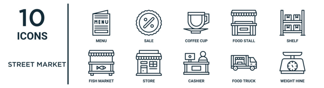 street market outline icon set such as thin line menu, coffee cup, shelf, store, food truck, weight hine, fish market icons for report, presentation, diagram, web design