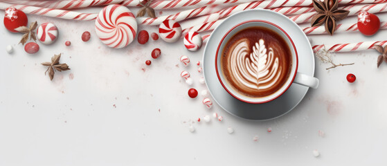 Hot chocolate with latte art surrounded by candy canes and holiday sweets on a snowy table