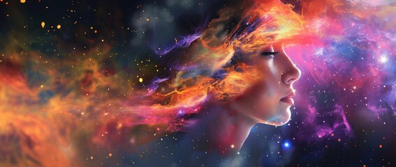 Fototapeta premium Womans Face With Colorful Space Background, combining stunning colors and cosmic elements