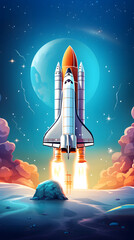 Naklejka premium Rocket flyying intoo space, space travel, rocket science, fly with a rocket to space, rocket ship